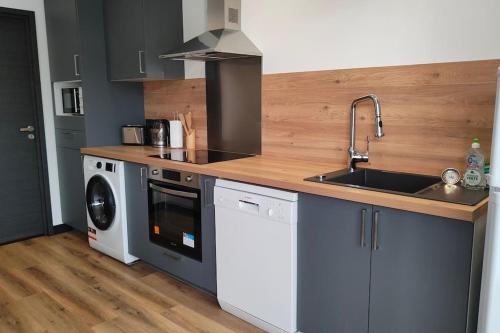 une cuisine avec un évier et une machine à laver dans l'établissement T3 - 100m du port, à Propriano