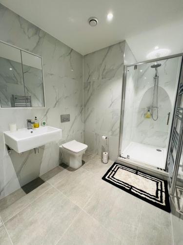 a bathroom with a shower and a sink and a toilet at Stunning New Penthouse Apartment in Southend-on-Sea