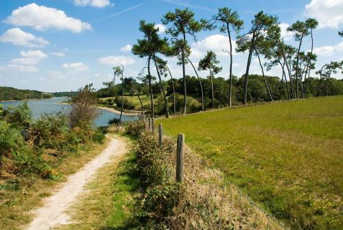 uma estrada de terra ao lado de um rio com uma cerca em Chalet site naturel proche lac, 20 mn des plages Vendee - 6 pers em La Chapelle-Hermier