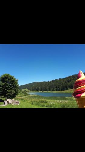un cono de helado sentado frente a un lago en Le Chalet, en Lamoura