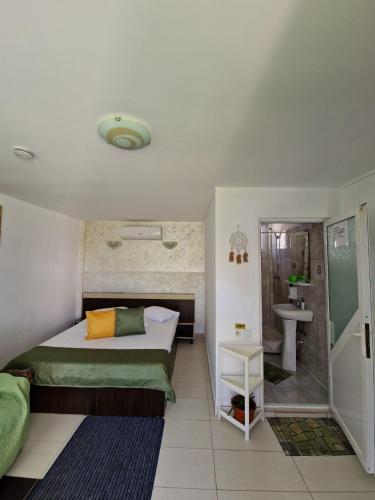 a bedroom with a bed and a shower and a sink at Vilele Bianca in 2 Mai