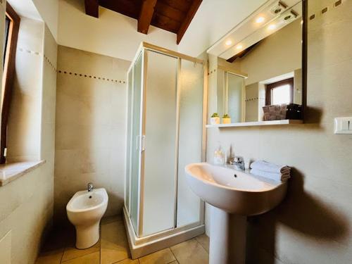 a bathroom with a sink and a shower and a toilet at Agriturismo e Alloggi Luis Gianni in Cividale del Friuli