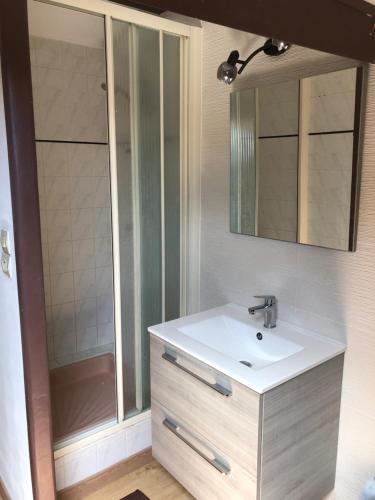 La salle de bains est pourvue d'un lavabo et d'une douche. dans l'établissement L’escapade marine ensoleillée, à Balaruc-le-Vieux