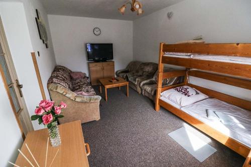 Cette petite chambre comprend des lits superposés et un canapé. dans l'établissement Chalupa Hana, à Vestec