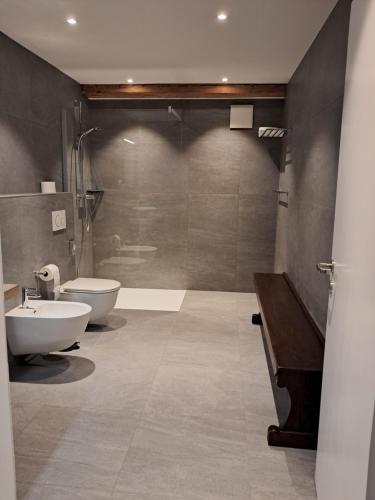 Hotel Restaurant Croix Blanche في Sugiez: حمام مع حوض ومغسلة ومرحاض