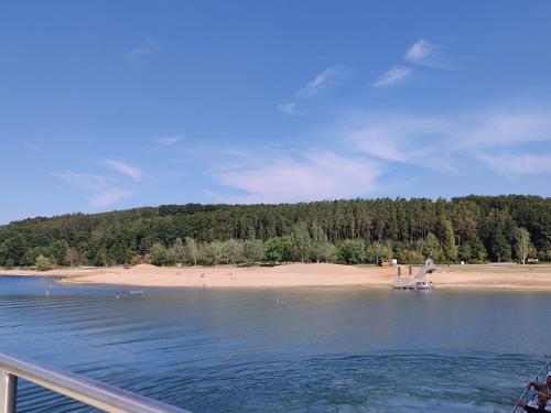 a view of a beach with a man standing on a dock at Ferienwohnung Elisabeth 2 in Gunzenhausen