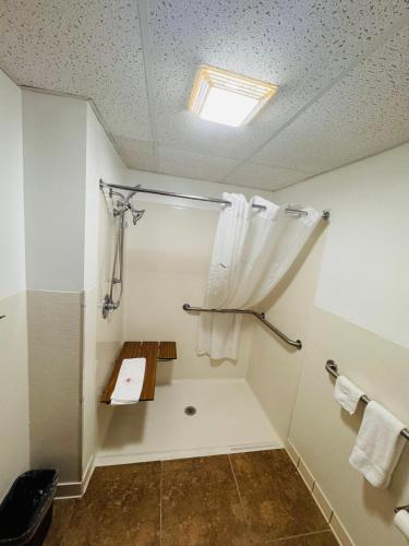 a bathroom with a shower with a shower curtain at Forest City Inn in Forest City