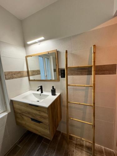 a bathroom with a sink and a mirror at MAZET en CAMPAGNE in Arles