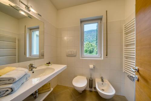 baño con lavabo y aseo y ventana en Das Landhaus, en Terlano