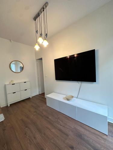 un salon avec une grande télévision à écran plat au mur dans l'établissement Appartement avec jardin à 5min de Paris, à Alfortville