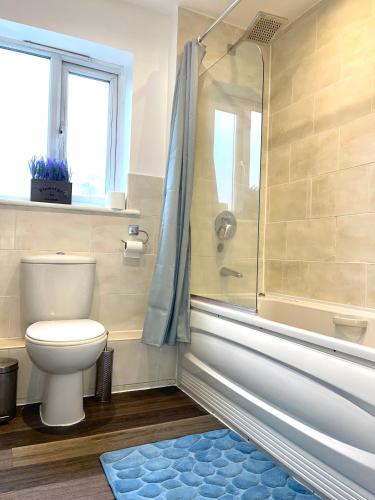 a bathroom with a toilet and a shower and a blue rug at The Grand Forsyth Apartment - Two bedroom in Dagenham