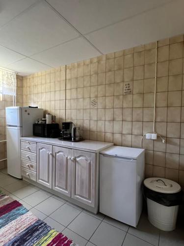 a kitchen with a refrigerator and a trash can at Kihnu Sadama Öömaja Guesthouse in Lemsi