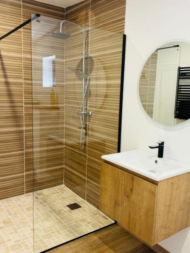a bathroom with a shower and a sink at le chant de la rivière in Abbeville