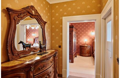 a mirror on top of a dresser in a room at Bernsteinschloss in Wendorf