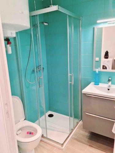 une salle de bain avec une douche, des toilettes et un lavabo dans l'établissement Le logis de Rigoumel 2, à Toulon