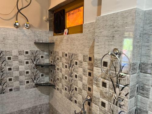 a bathroom with a shower with a tile wall at Rocky Mountain homestay in Dalhousie