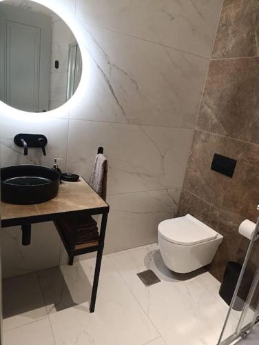 a bathroom with a toilet and a sink and a mirror at Villa Vera with private pool near Valletta in Tal-Pietà