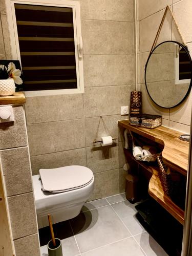 a bathroom with a toilet and a mirror at Damoiseau By Tiki Kaz in Pombiray