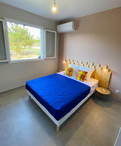um quarto com uma cama com lençóis azuis e uma janela em Villa cosy Blue Lagon em Rivière-Salée