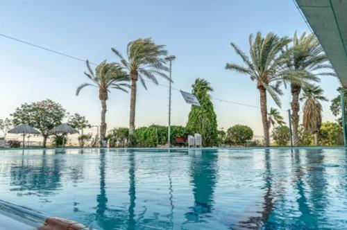 a large swimming pool with palm trees in the background at Kalia Kibbutz Hotel in Kalia