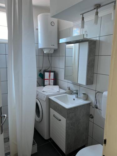 a small bathroom with a washing machine and a sink at Moj dom in Gornji Milanovac