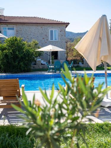 a swimming pool with an umbrella and a house at Rüzgar Bağ Evleri in Palamutbuku