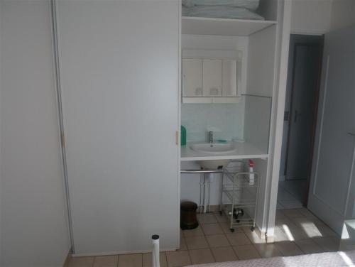 Elle comprend une petite salle de bains pourvue d'un lavabo et d'un comptoir blanc. dans l'établissement La grande vigne de Boisvinet, à Saint-Hilaire-de-Riez