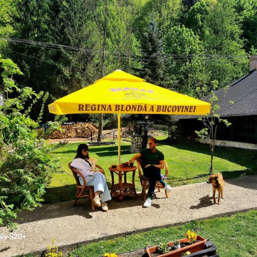 a group of people sitting under a yellow umbrella at Casa Octavian in Suceviţa