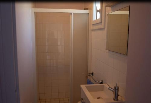 ein Bad mit einem Waschbecken und einer Dusche mit einem Spiegel in der Unterkunft La boisée de la Conge in Saint-Hilaire-de-Riez