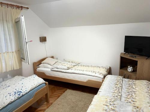 にあるApartmani Doksas Degurićのベッド2台、薄型テレビが備わる客室です。