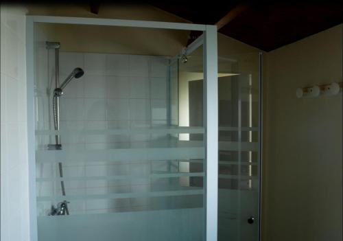 une douche avec une porte vitrée dans une salle de bain dans l'établissement Au Pibolon des bois, à Saint-Hilaire-de-Riez