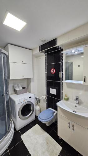 een badkamer met een toilet, een wastafel en een wasmachine bij Airport Residence 3 in Otopeni