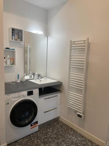 une salle de bain avec une machine à laver et un lavabo dans l'établissement Charmant T 2 à deux pas du centre-ville et Mer, à Saint-Palais-sur-Mer