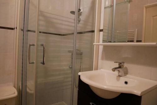 une salle de bain avec un lavabo et une douche dans l'établissement La Petite maison de pays, à Saint-Hilaire-de-Riez