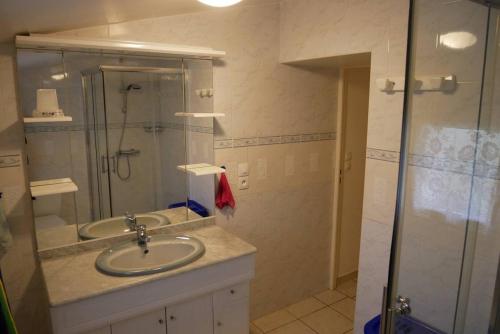 ein Badezimmer mit Waschbecken und Glasdusche in der Unterkunft La Grande maison de pays in Saint-Hilaire-de-Riez