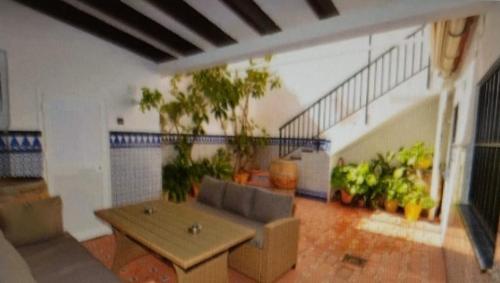 La Rubia villa vacacional في فوينخيرولا: غرفة معيشة مع أريكة والنباتات الفخارية