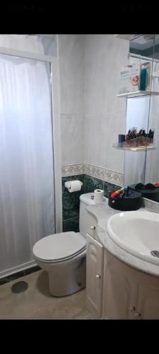 uma casa de banho com um WC branco e um lavatório. em Piso en Estación de buses em Granada