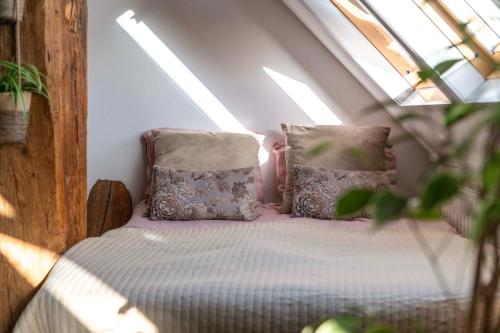 a bedroom with a bed with pillows in a attic at Verblijf bij Bynt in Sneek