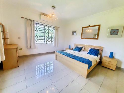 una camera da letto con letto, cuscini blu e specchio di Beautiful one bed apartment in Tema Community 6 a Tema