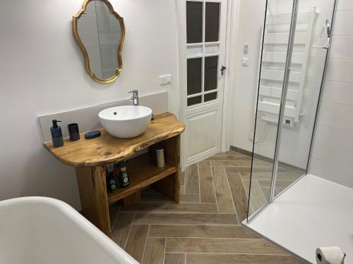 un bagno con lavandino e doccia in vetro di ChezLeMoulin-Boulangerie a Samouillan