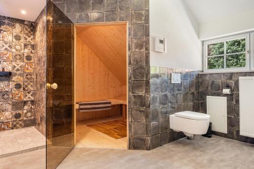 ein Bad mit einer Dusche und einem WC. in der Unterkunft Suite mit Dachterrasse in Dedelstorf