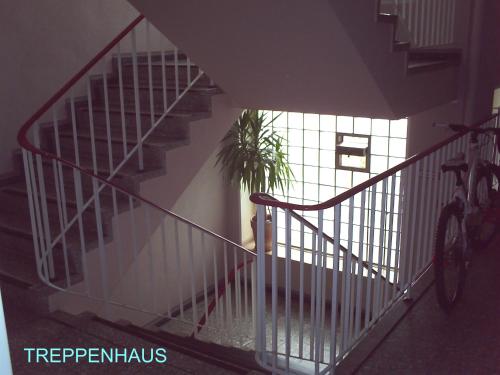 un escalier avec une rampe d'escalier et une plante dans une pièce dans l'établissement REST-ATILA, à Hanovre