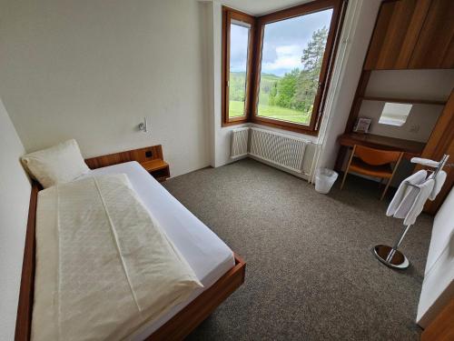 um quarto com uma cama, uma secretária e uma janela em Hotel Simplicity by Bad Schönbrunn em Menzingen