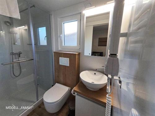 a bathroom with a toilet sink and a shower at Camping Breznik in Sankt Kanzian