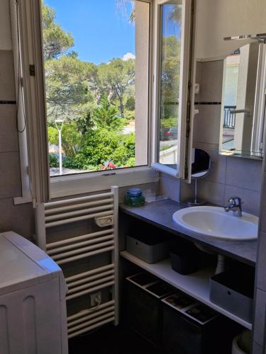 une salle de bain avec un lavabo et une fenêtre dans l'établissement Entre Mer et nature, à Saint-Aygulf