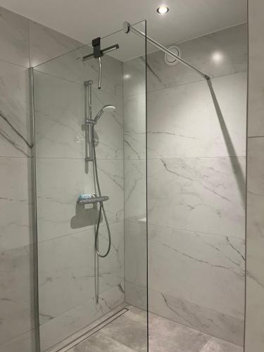 La salle de bains est pourvue d'une douche avec une porte en verre. dans l'établissement Boulevard 3F, à Arnhem