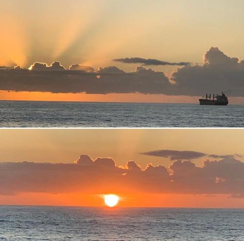 zwei Bilder eines Sonnenuntergangs und eines Schiffes im Ozean in der Unterkunft Pousada Belas Praia in Imbituba