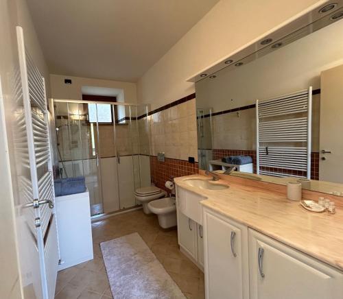 La salle de bains est pourvue d'un lavabo, de toilettes et d'un miroir. dans l'établissement La Margherita, à Sovere