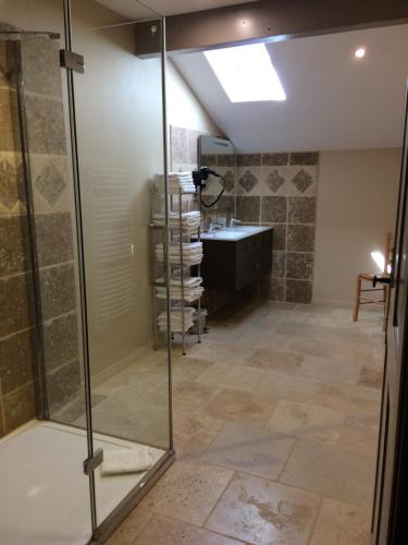 une salle de bain avec une douche en verre et un lavabo dans l'établissement Gîte de Couet, à Caumont