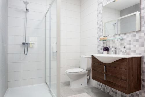 a bathroom with a shower and a toilet and a sink at Apartmani Ivanka in Rakovica